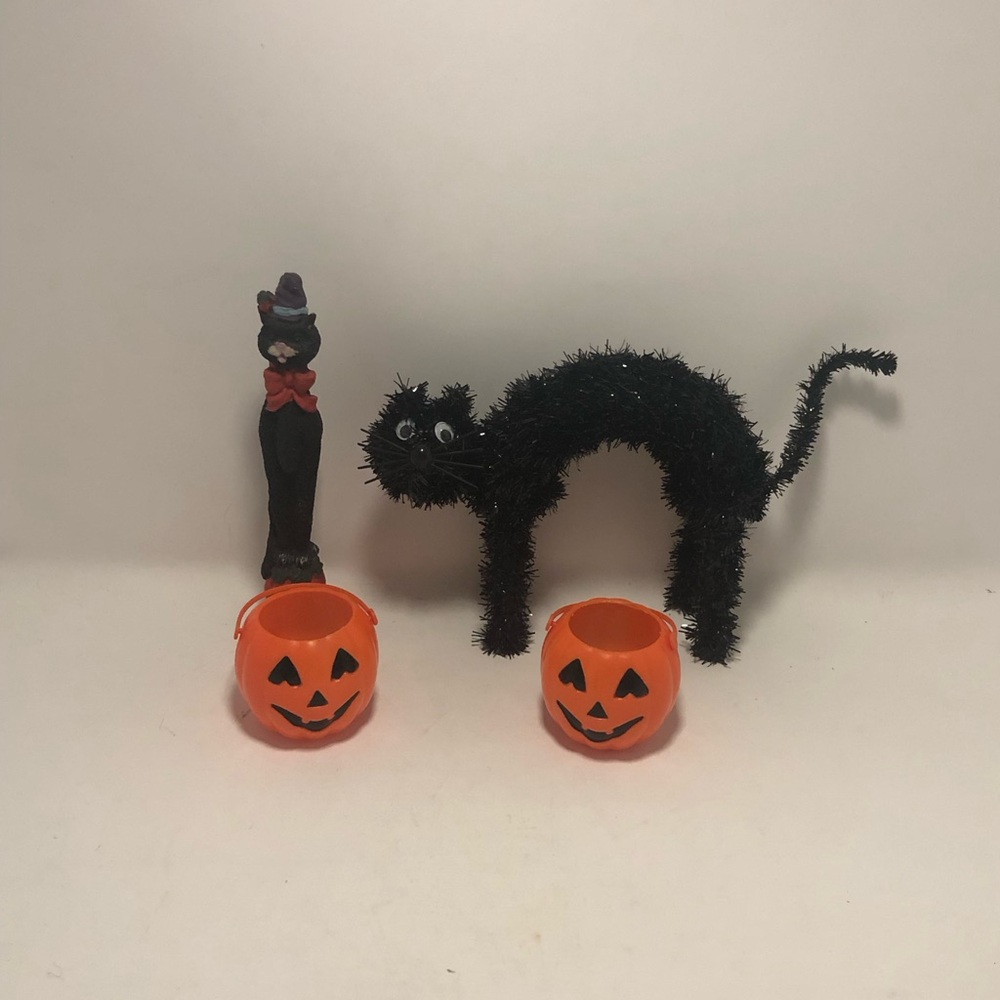 Black Fuzzy Halloween Cat Decor with Orange Jack-o'-Lantern Buckets